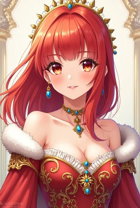 Generates images of a red-haired girl with bangs and Queen&#39;s clothing, Anime version 
