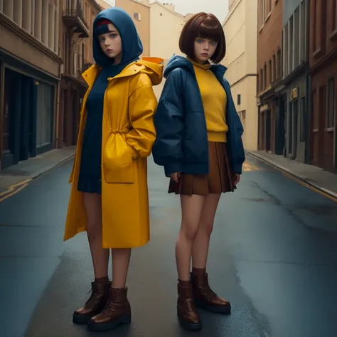 full people,realistic style, 4k, best quality, she, child, blue eyes, rectangular face type, triangle body type, wearing yellow coat with hood backwards and a red skirt above the knee, wearing brown leather womens shoes, dark blue hair with straight bangs ...