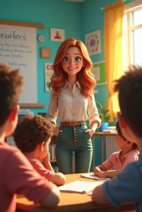 A teacher with wavy hair and green eyes, with her students in a very nice and colorful classroom 