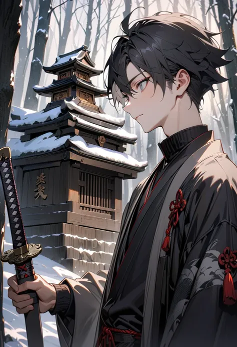 young man with calm face ,Male Dark, dark snowy Woods,Red, White & Black color clothes, winter clothes, gray eyes, short black hair, black japanese hanten,samurai dnd, forest shrine background, sheathed katana, masterpiece, detailed hands, detailed image