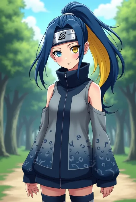 Girl with long blue hair with yellow highlights held in a high ponytail, blue and yellow eyes, mixed, white skin with pink undertones, The ninja band will be around your neck, Your clothes will be grey and dark blue, She will wear a sleeveless, long-necked...