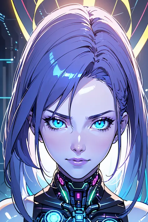 1girl, (masterpiece1.6, perfect face1.6), (long purple hair), (white skin tone), ((((glowing blue eyes)))), ((perfection)), small figure, (((shiny skin, realistic skin texture, 90s style))), ((((cybernetic body)))), 8k, 4k resolution, highly detailed, (bea...