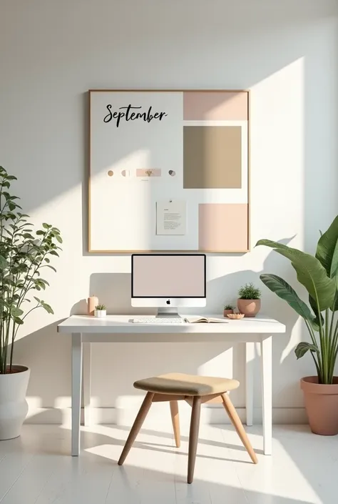 An aesthetic white study table of an interior designer and theres a mood board sticking on wall along and an apple pc on table with September wriiten on its screen...some color plaette are also on the table
