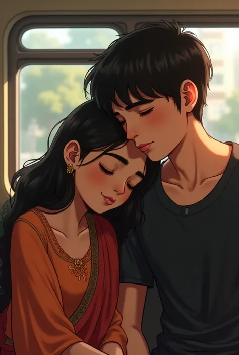 A girl and boy sitting in bus close to each other holding hands  girl is wearing kurti and boy with black shirt 

Girl is leaning on boy shoulder and sleeping 
Boy is seeing her sleeping 