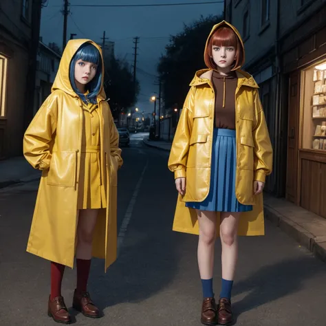 full people,realistic style, 4k, best quality, she, child, blue eyes, rectangular face type, triangle body type, wearing yellow coat with hood backwards and a red skirt above the knee, wearing brown leather womens shoes, dark blue hair with straight bangs ...