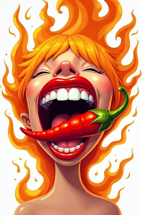 Red lips biting a hot pepper with flames. Cartoon art, white background