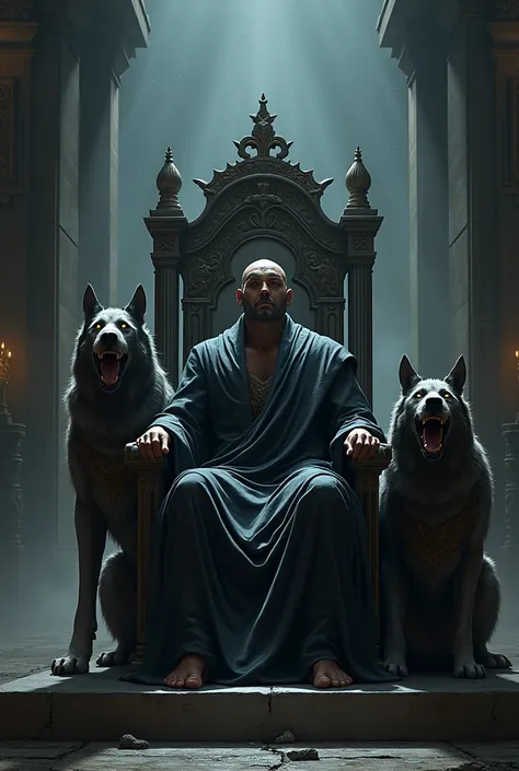 Hades sitting on his throne, and the three-headed dog, Cerberus, watching
