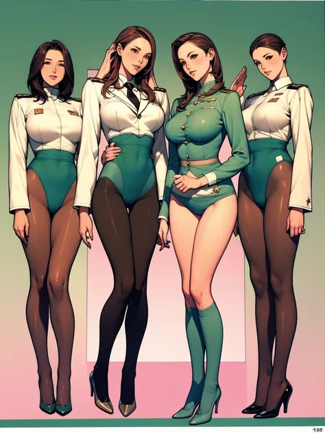 Full body picture：(masterpiece:1.2, best quality),(Very detailed),8K,wallpaper，Three women standing in a row,Full body picture，All wearing pantyhose，Female Soldiers，military uniform，深绿色military uniform，织物纹理military uniform，leotard，Dark green tie，Tall figur...