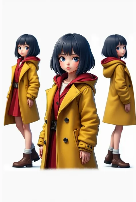 full people,realistic style, 4k, best quality, she, child 10 , blue eyes, rectangular face type, triangle body type, wearing yellow coat with hood backwards and a red skirt above the knee, wearing brown leather womens shoes, dark blue hair with straight ba...