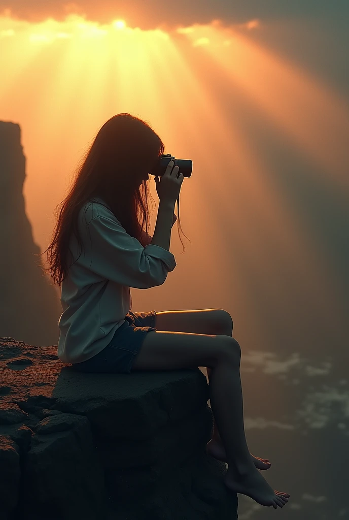 girl crying on the edge, brown hair, god rays, viewfinder, UHD