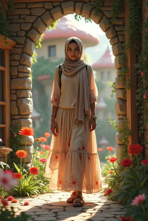 a old beautiful adult girl wearing a shawl hijab with a drawstring chiffon top, wearing a tiered chiffon skirt with floral motifs, wearing a watch and bracelet, wearing beautiful sandals, wearing a small leather backpack on her back while smiling happily, ...