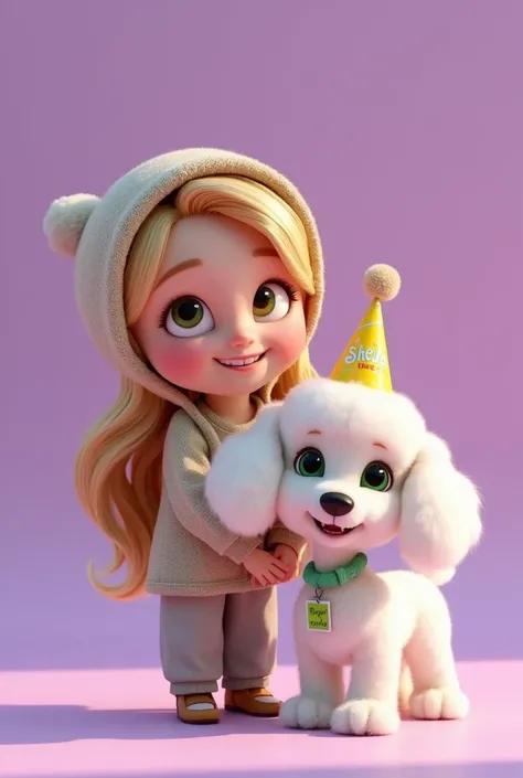 Disney Pixar style 3d render of an eleven year old girl with long blonde hair, round face with big green eyes like slanted, wearing loose clothing, very comfortable. With a beautiful smile and a bonnet that says "Sheila". next to the girl, a female white h...