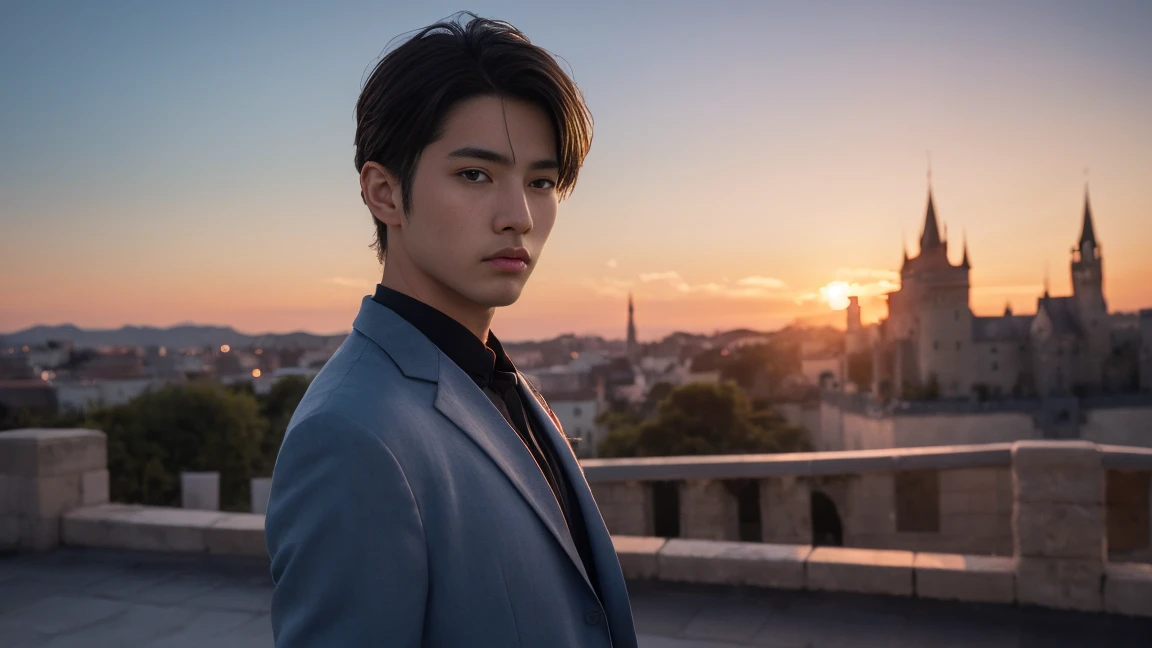 (absurderes, high resolution, ultra detailded), 1 men, Young man, skin tanned. eye patch on the right eye, hair blue, dramatic lighting, detailded, work of art, standing in front of the castle, sunset light, red and orange sunset tones