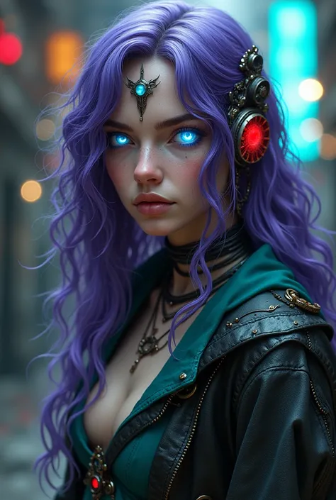 Cyberpunk, Female, Sorcerer,  glowing eyes, 1 blue eye, 1 cybernetic red eye,  Cybernetic implants on face, Steampunk, purple hair, clockwork,  long wavy hair, gothic theme, (blue, green, turquoise, red clothes), petite