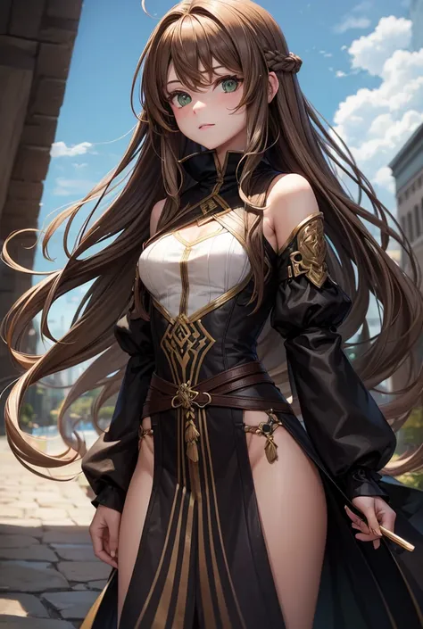  girl with long light brown hair with waves and green eyes, medium breasts and small waist With tunic
