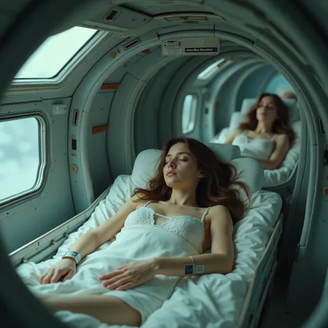 In a spaceship, In a metal capsule with polystyrene there is a beautiful young European woman sleeping naked with brown hair, The woman has a barcode tag on her arm, On one side there are other capsules with women, There is a sign hanging that says "SIMULA...