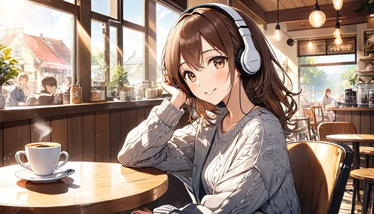 background：By the window of the café。outside light shines in、Warm wooden interior。
expression：Gentle smile。Relaxed and enjoying a cup of coffee。
Costume：Casual sweater and jeans。Natural shades。
Pause：Perched on a chair、Hold a coffee cup in one hand、The oth...