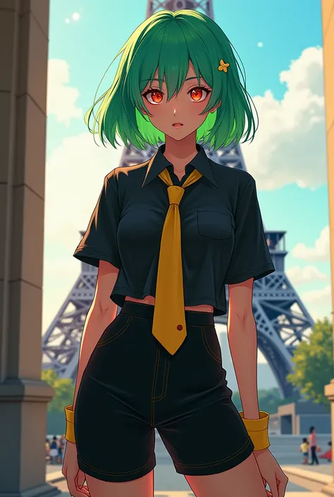 Girl with semi-long green hair, red eyes with a black short sleeve shirt, with a yellow tie and black pants with yellow socks, in the background in the landscape the Eiffel Tower. Digital art style.