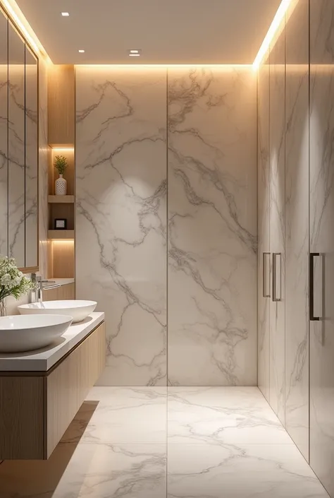 Create a realistic passage for bathroom with marble effect  glossy tiles on the sides and some lights and matt flooring 
