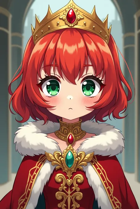 Generates images of a red-haired girl with bangs and Queen clothing, Anime version, who looks about 3 from head to toe, serious look, huge breasts and green eyes 

