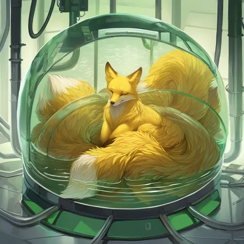 canine, fox, kitsune, yellow_body, golden_fur, detailed_body, detailed_colors, nine_tails, laboratory_background, machinery, tubes, floating, water_chamber, curled_up, closed_eyes, green_ambience, thin_anthro, solo, digital_media_(artwork), hi_res, masterp...