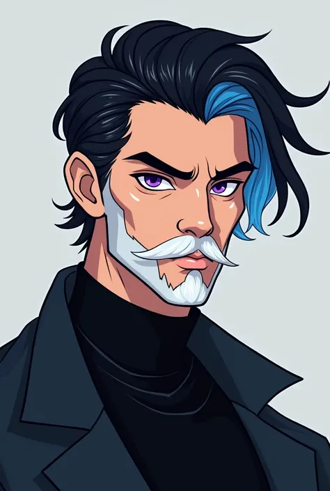 Create a male cartoon character with a black turtleneck shirt, black hair with a blue streak, a white beard and eyes with purple fire. 