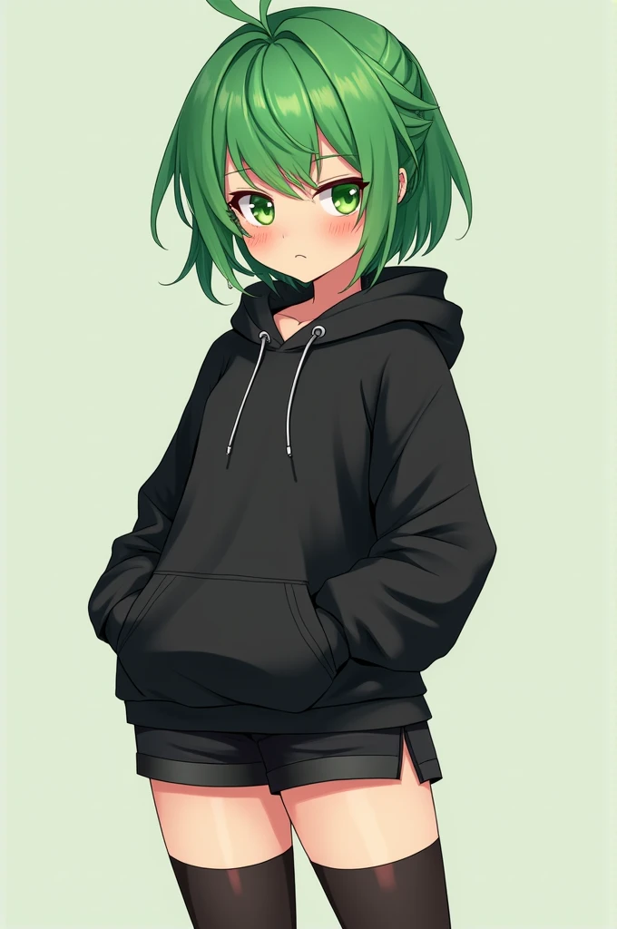 Carmel skined femboy. Green hair. Black hoodie. Black shorts. Green eyes. Curvy waist down. Thick thighs. Big butt. Black high thigh socks. Cute face. Short. Earrings. Nervous face.