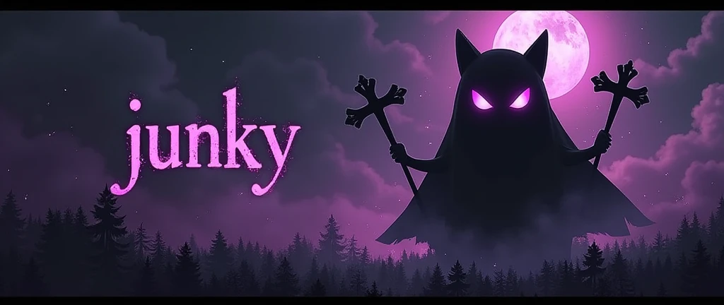 Create a gothic banner that integrates the word &#39;Junky&#39;.
colors: blackw, neon purple, gris. You have to integrate the subtitle &#39;discord.gg/junky. Must contain Gothic symbols such as star or cross. A banner that must have genkar (Pokémon) banner...