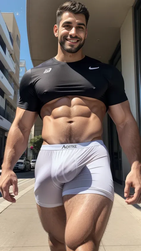 A slim man 42yo with atletic body walking on street, very shiny body skin, wearing white sportive short, large lips, Wide shoulders , too much  light particles , naughty smile, esportive uniform, Black short wavy hair fade ,  nice bulge sise, curved vpl,  ...