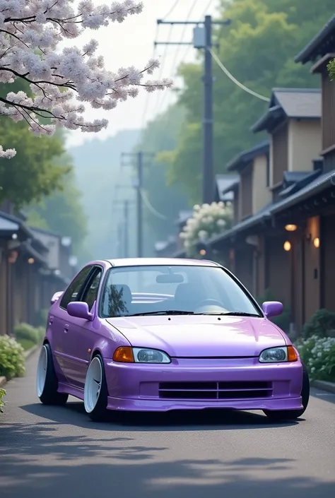 A 1995 Honda Civic lavender color with a front lip and side skirts, simple white wheels in front of trees with white flowers on a street in Japan in wallpaper format.