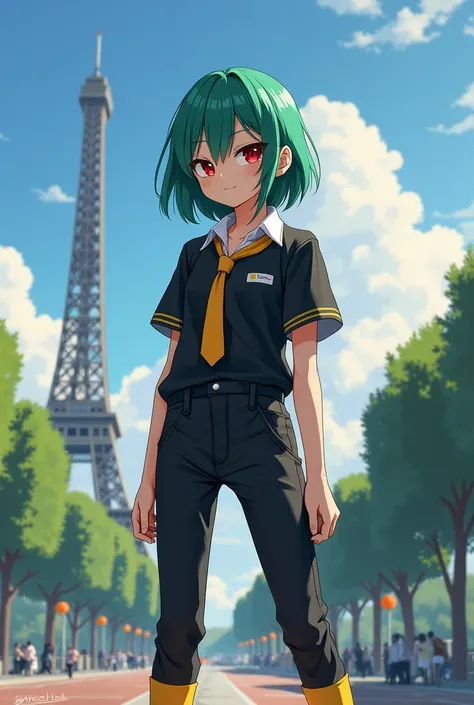 Girl with semi-long green hair, red eyes with a black short sleeve shirt, with a yellow tie and black pants with yellow socks, in the background in the landscape the Eiffel Tower. Realistic style 