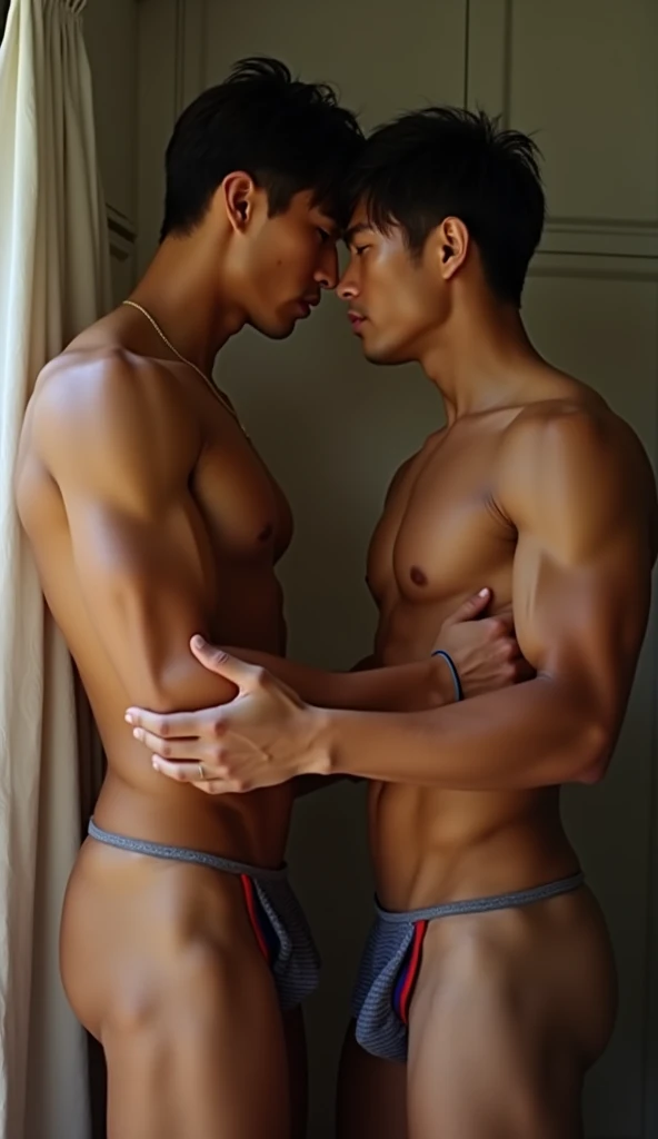 Realistic photography, 8ก ,Asian Thai man with brown hair, Two handsome guys , Hug and kiss with a good figure , bare , Three people , bareร่าง, big penis  , Rear-end sex