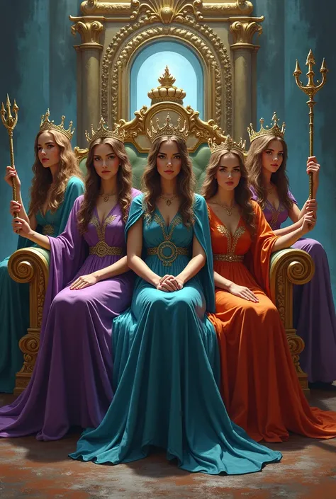 5 women dressed as witches, with a long tunic of different colors, the tunic covers their hair, with a setro in their hand, with their crown on their head, perched on a beautiful throne, behind her there is an open portal to another dimension .