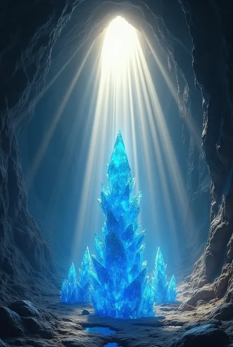 a hole in the wall of a cave through which the sun&#39;s rays are reflected on blue crystals as sunbeams, a halo effect