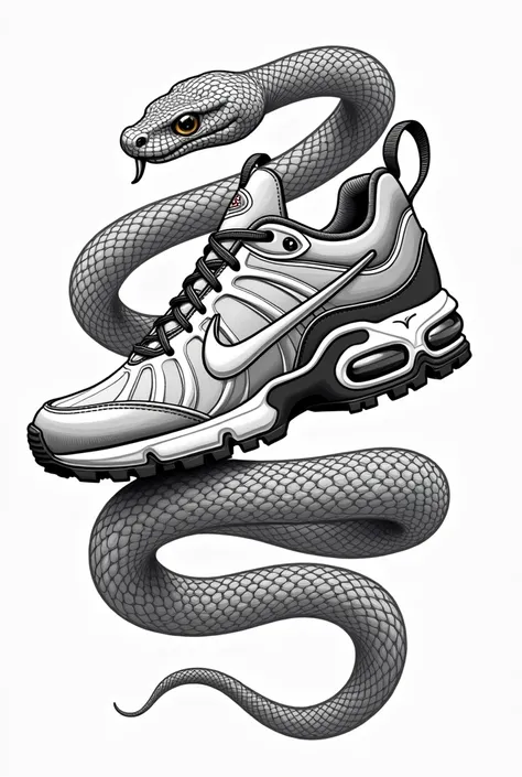 Traditional design with thick lines of a snake wrapping around a black and white Nike TN sneaker