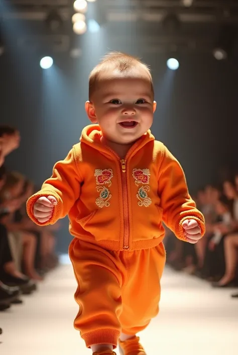 Excessively detailed newborn smiling wearing Orange in a real life fashion show with full body