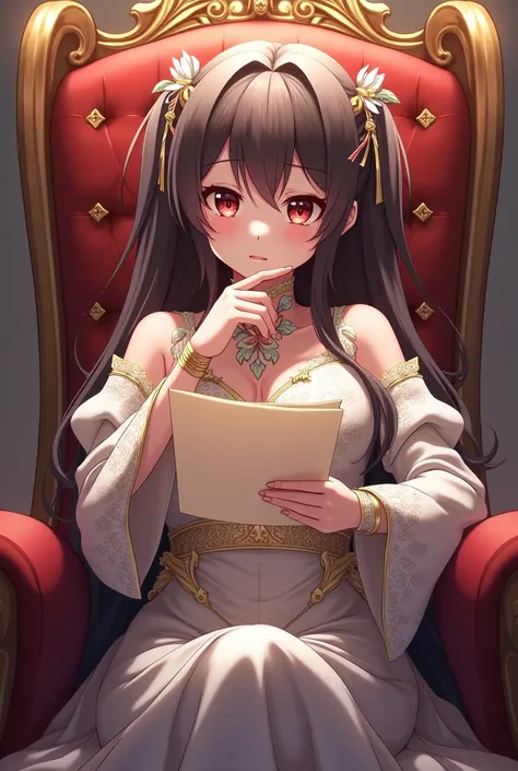 anime character sitting on throne, supporting chin on one hand, and in the other hand holding a letter