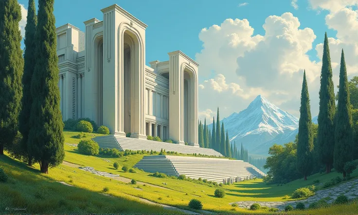 ralph mcquarie style, greek architecture done in a sci-fi style on a fair forest and meadow scene with tall buildings and open green spaces, oil painting, fair, Very detailed