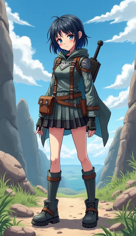 Anime girl  1 girl, black hair. blue eyes Freya wears an adventurers outfit that combines functionality with a touch of elegance. She wears a tight-fitting dark brown leather top designed to protect her torso and provide freedom of movement. Over the top, ...