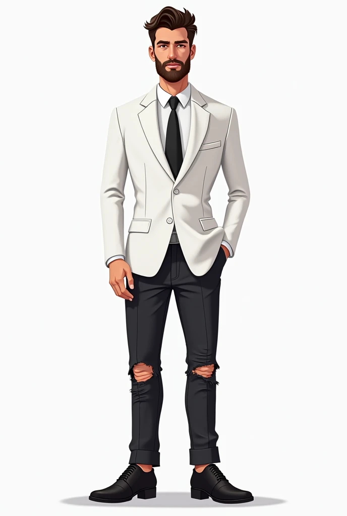 Cartoon suiter white color black pants ripped torn men