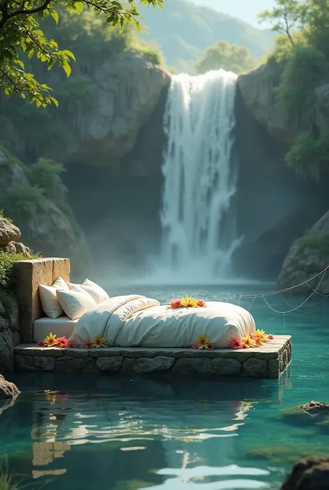 Create a bed for me, what lies on the water, where next to me a spider in my mountain where there is water. There is still some water falling down from the waterfall.Flowers beautiful stone turner super elegant and simple and beautiful