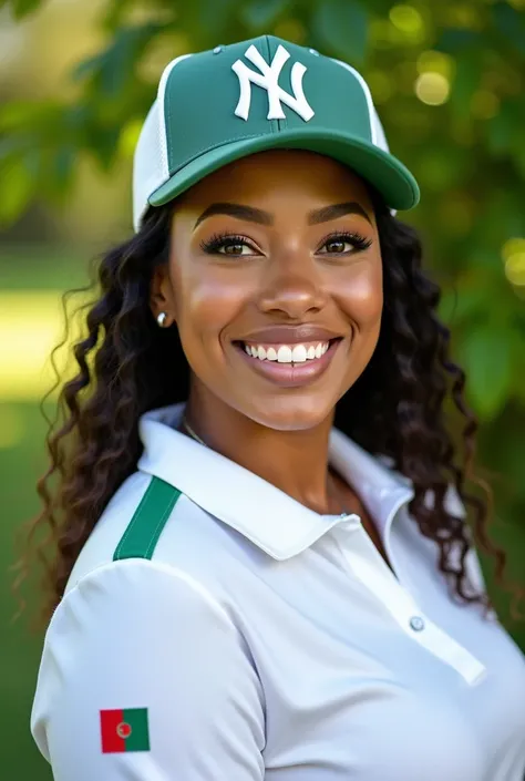 Close up, attractive woman, fat, Gorra ny yankees team 9fifty, white block polo shirt, with green and white Algerian flag detail, green nature background