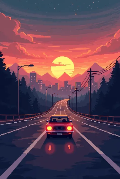  a car in 16-bit pixel art style, driving on the left on a highway. In the background, you can see a city at sunset, with a sky that combines orange tones, pinks and purples. The city buildings are dimly lit, with windows that begin to shine. The road has ...