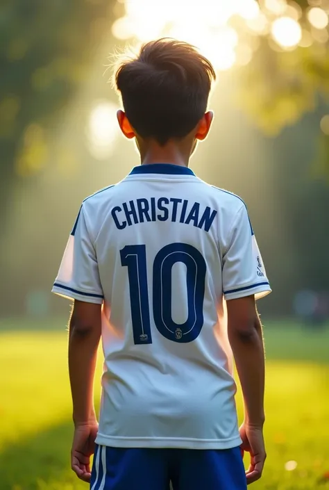 Boy wearing a Real Madrid shirt named Christian number 10 with his back turned