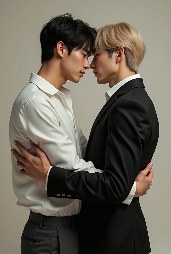 Two sexy Korean men, one in white clothes and one in black clothes, hugging each other, one with black hair and one with blonde hair