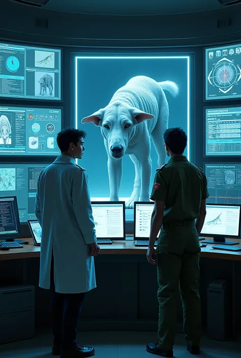  In a control room a lot of screens. One screen shows an alien dog-like creature on an experiment bed and another screen shows information and DNA data of the creature. . And that this is a male scientist with an ambitious personality. And a male army comm...