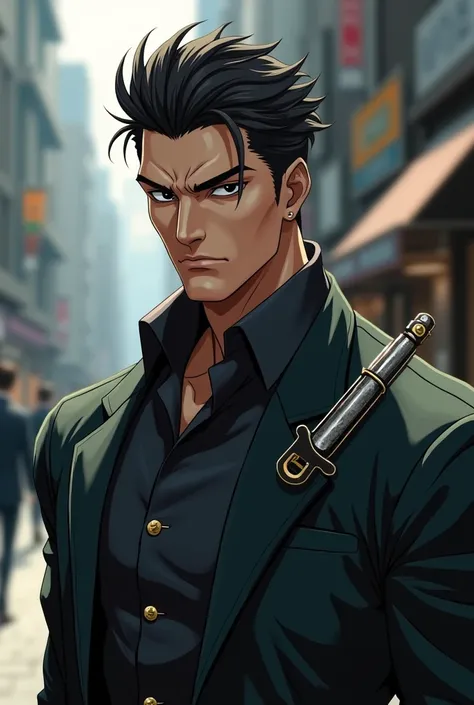 make a man with the features of the jojo anime with a knife kit and more discreet clothes