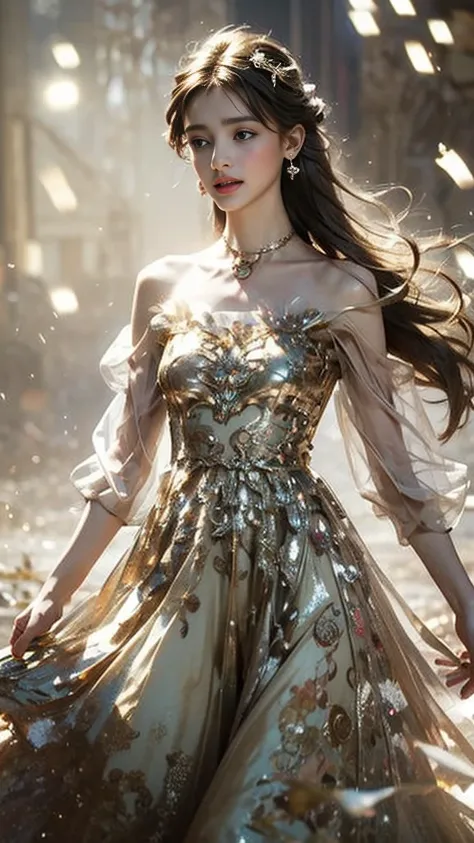 8K, ultra hd, masterpiece, 1 girl, (good face:1.4), detailed eyes, very long hair, impressive hairstyle, earings, necklace, small breasts, (golden dress:1.5), see-through, (fantasy dress:1.5) Light-colored foundation brings out the transparency of the skin...