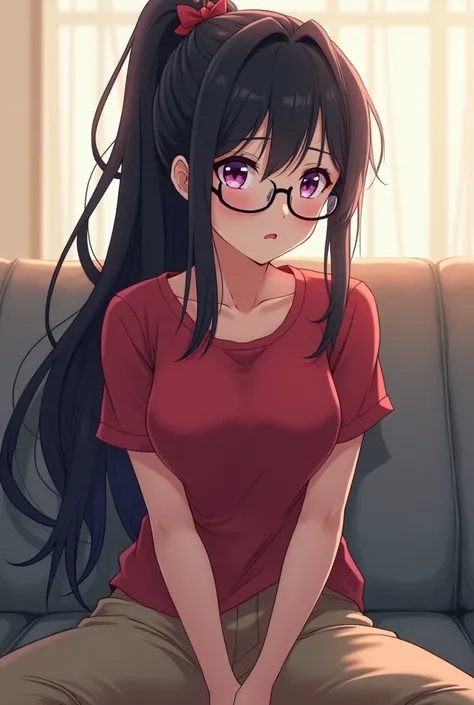 score_9, score_8_up, score_7_up, score_6_up, source_anime BREAK 1girl, solo dxdAH, black hair, ponytail, very long hair, purple eyes, hair ribbon, large breasts, glasses, red t-shirt, beige pants, sitting, couch, looking at you, tired