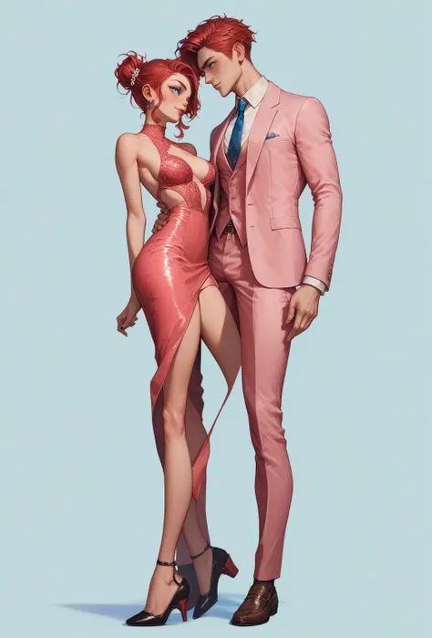 magine full body of a handsome slim 1 boy with short tousled red hair, azure eyes and wearing a sexy pink suit